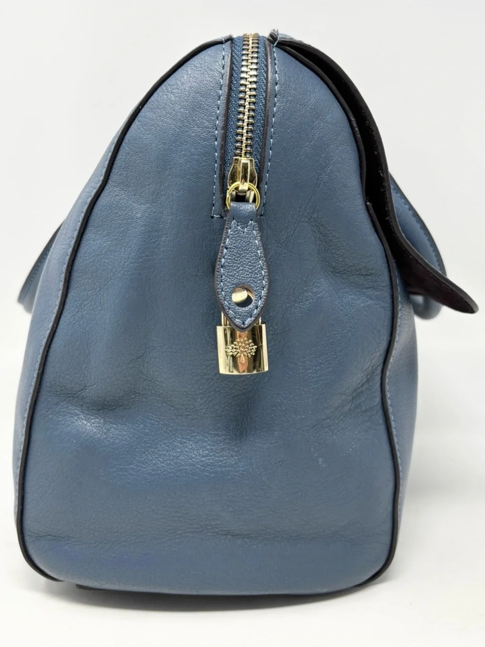 Mulberry Del Rey Slate Blue Leather Satchel Top Handle Bag Gold Hardware Medium